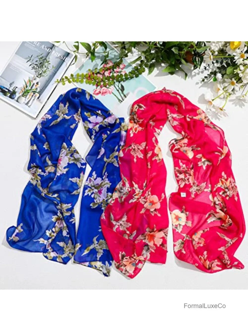 6 Pack Lightweight Floral Print Scarf Set Long Thin Silk Touch Shawl